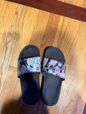 Nike Black Slide Sandals with Pink Floral Strap